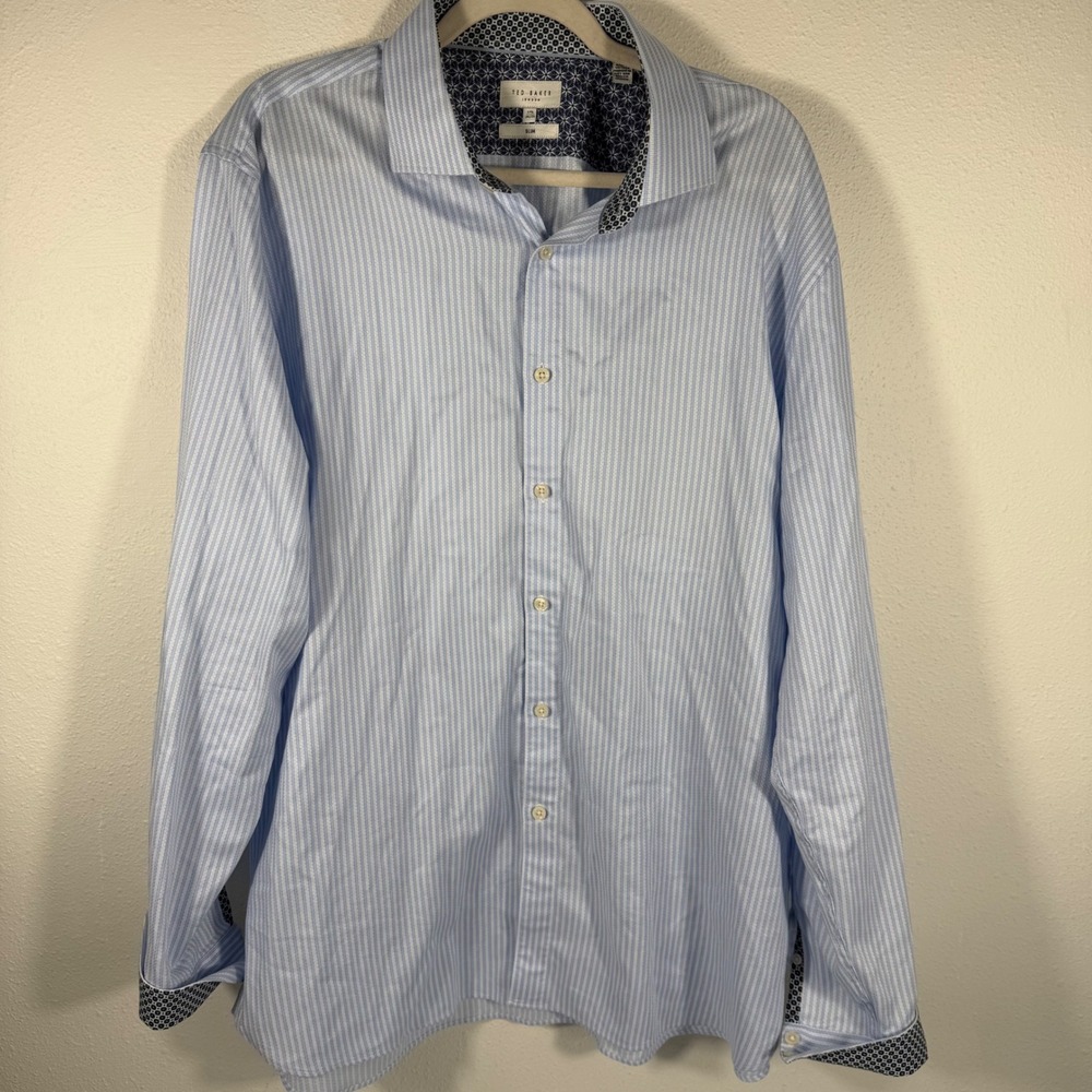 Ted Baker London Slim Fit Blue‎ White Stripe Dress Shirt Mens 17.5 34/35